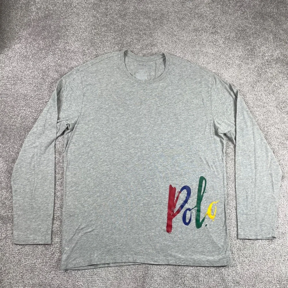 Polo Ralph Lauren T Shirt Mens Large Rainbow Logo Crew Neck Long Sleeve‎ Gray